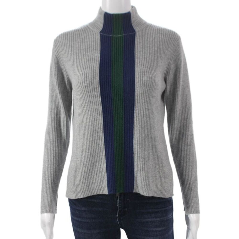 Central Park West Women Cashmere Striped Mock Neck Pullover Gray Size XS